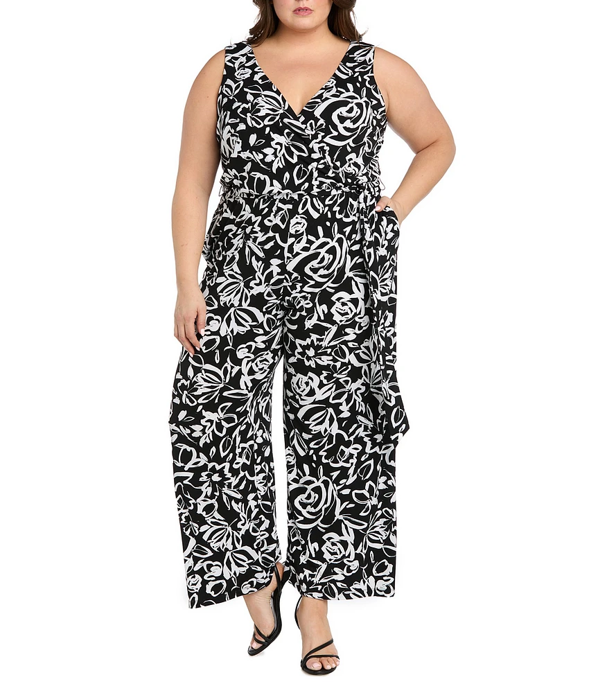 R & M Richards Plus Size Printed Tie Waist Jumpsuit