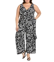R & M Richards Plus Size Printed Tie Waist Jumpsuit