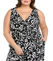 R & M Richards Plus Size Printed Tie Waist Jumpsuit