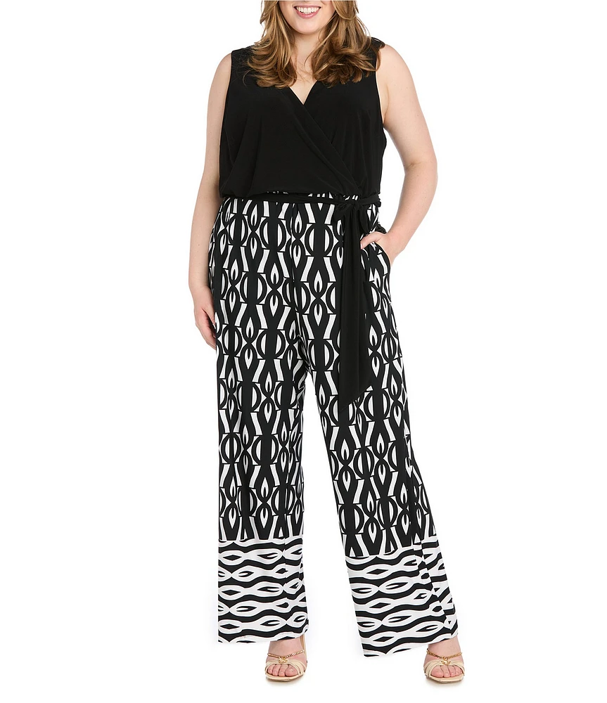 R & M Richards Plus Size Printed Wrap Jumpsuit