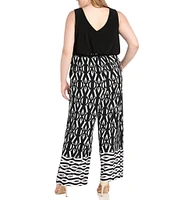 R & M Richards Plus Size Printed Wrap Jumpsuit