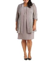 R & M Richards Plus Size Round Neck 3/4 Sleeve Metallic Jacquard Knit 2-Piece Jacket Dress