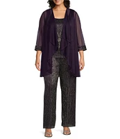 R & M Richards Plus Size Scoop Neck 3/4 Sleeve Crinkled Chiffon 3-Piece Pant Set