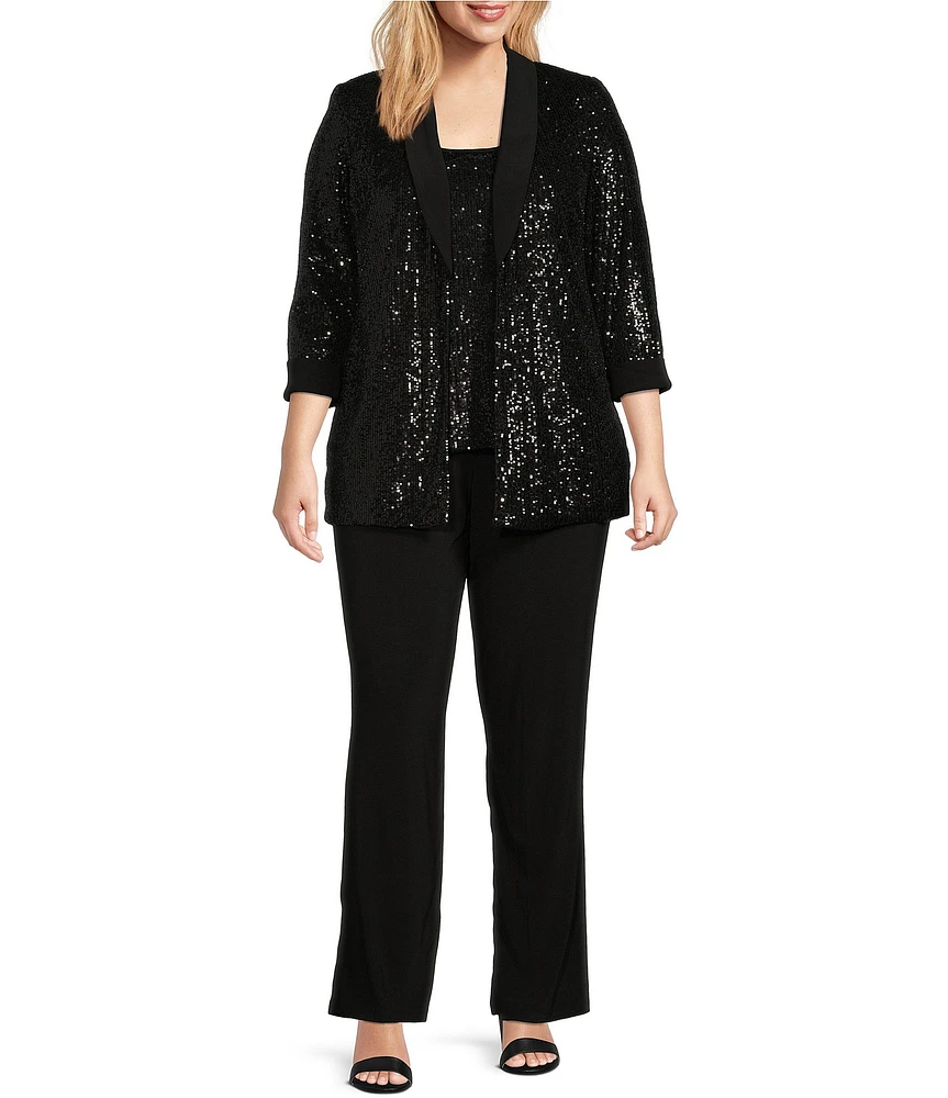 R & M Richards Plus Size Sequin Tuxedo Jacket and Tank 3-Piece Pant Suit