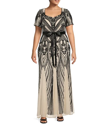 R & M Richards Plus Size Short Sleeve Sweetheart Neck Embellished Sequin Gown