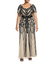 R & M Richards Plus Size Short Sleeve Sweetheart Neck Embellished Sequin Gown