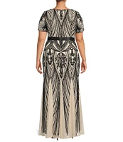 R & M Richards Plus Size Short Sleeve Sweetheart Neck Embellished Sequin Gown