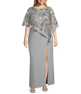 R & M Richards Plus Size Side Slit Sequin Lace Poncho Dress