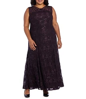 R & M Richards Plus Size V-Neck Sequin Sleeveless Lace Fit and Flare Dress