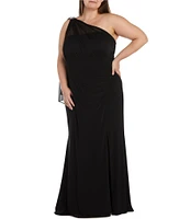 R & M Richards Plus Size Sleeveless One Shoulder Rhinestone Embellished Draped Dress