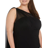 R & M Richards Plus Size Sleeveless One Shoulder Rhinestone Embellished Draped Dress