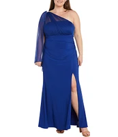 R & M Richards Plus Size Sleeveless One Shoulder Rhinestone Embellished Draped Dress