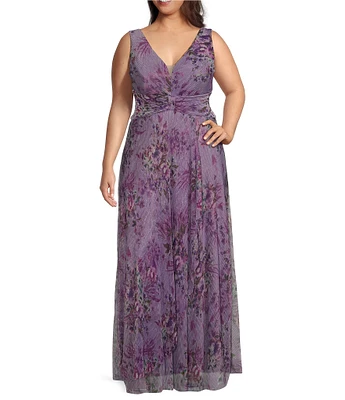 R & M Richards Plus Size Sleeveless V-Neck Ruched Waist Floral Print Gown