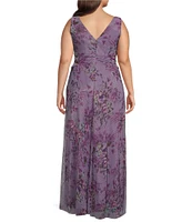 R & M Richards Plus Size Sleeveless V-Neck Ruched Waist Floral Print Gown