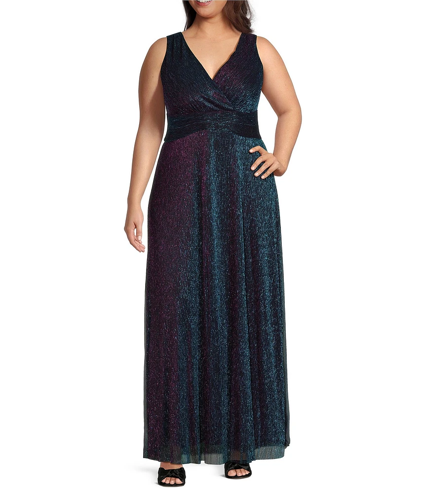 R & M Richards Plus Size Sleeveless V-Neck Ruched Waist Ombre Dress