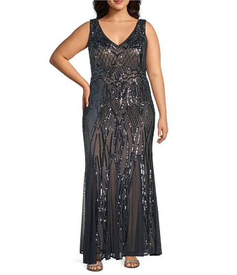 R & M Richards Plus Size Sleeveless V-Neck Sequin Godet Skirt Long Dress