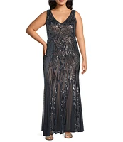 R & M Richards Plus Size Sleeveless V-Neck Sequin Godet Skirt Long Dress