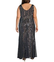 R & M Richards Plus Size Sleeveless V-Neck Sequin Godet Skirt Long Dress