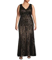 R & M Richards Plus Size Sleeveless V-Neck Sequin Godet Skirt Long Dress