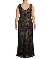 R & M Richards Plus Size Sleeveless V-Neck Sequin Godet Skirt Long Dress