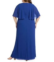 R & M Richards Plus Size Souffle Crepe Chiffon Crew Neck Short Sleeve Capelet Ruched Waist With Flower Detail Sheath Dress