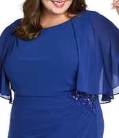 R & M Richards Plus Size Souffle Crepe Chiffon Crew Neck Short Sleeve Capelet Ruched Waist With Flower Detail Sheath Dress