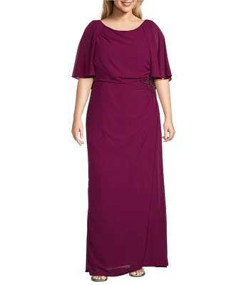 R & M Richards Plus Size Souffle Crepe Chiffon Crew Neck Short Sleeve Capelet Ruched Waist With Flower Detail Sheath Dress