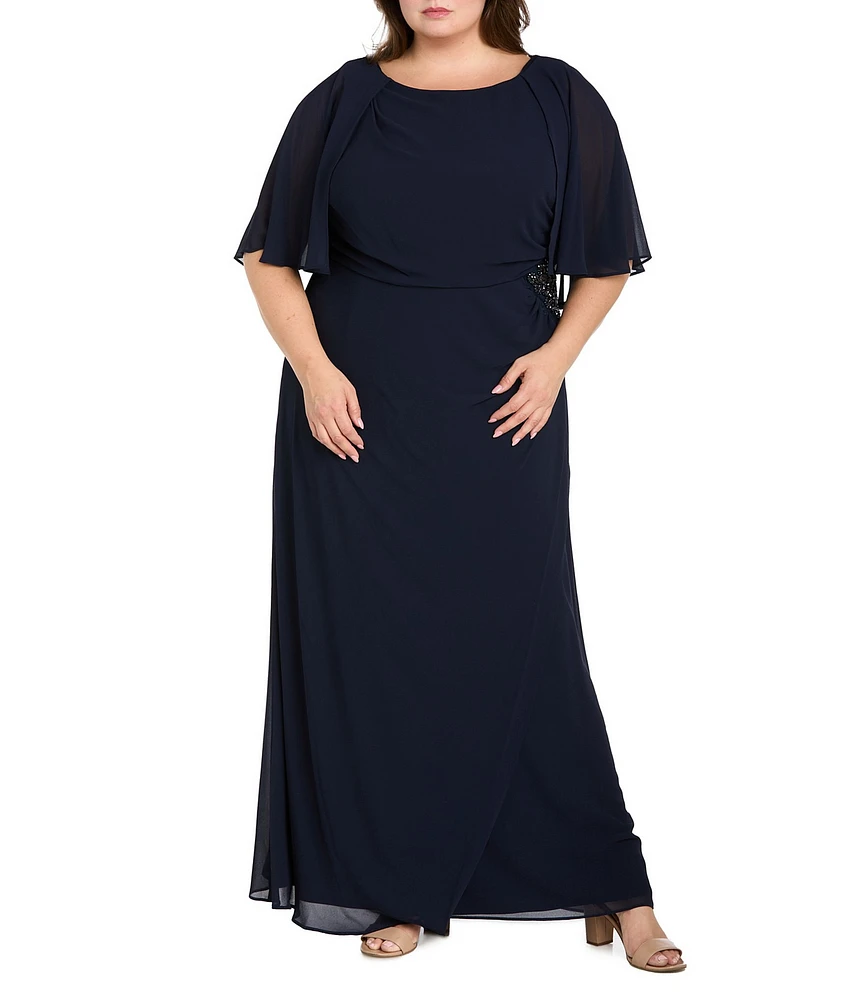 R & M Richards Plus Size Souffle Crepe Chiffon Crew Neck Short Sleeve Capelet Ruched Waist With Flower Detail Sheath Dress