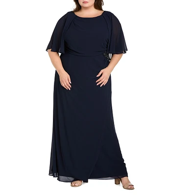 R & M Richards Plus Size Souffle Crepe Chiffon Crew Neck Short Sleeve Capelet Ruched Waist With Flower Detail Sheath Dress