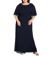 R & M Richards Plus Size Souffle Crepe Chiffon Crew Neck Short Sleeve Capelet Ruched Waist With Flower Detail Sheath Dress