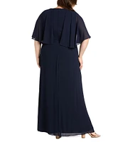 R & M Richards Plus Size Souffle Crepe Chiffon Crew Neck Short Sleeve Capelet Ruched Waist With Flower Detail Sheath Dress