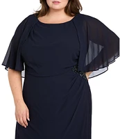 R & M Richards Plus Size Souffle Crepe Chiffon Crew Neck Short Sleeve Capelet Ruched Waist With Flower Detail Sheath Dress