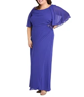 R & M Richards Plus Size Souffle Crepe Chiffon Crew Neck Short Sleeve Capelet Ruched Waist With Flower Detail Sheath Dress