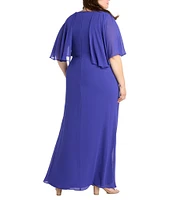 R & M Richards Plus Size Souffle Crepe Chiffon Crew Neck Short Sleeve Capelet Ruched Waist With Flower Detail Sheath Dress