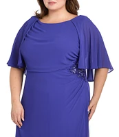 R & M Richards Plus Size Souffle Crepe Chiffon Crew Neck Short Sleeve Capelet Ruched Waist With Flower Detail Sheath Dress