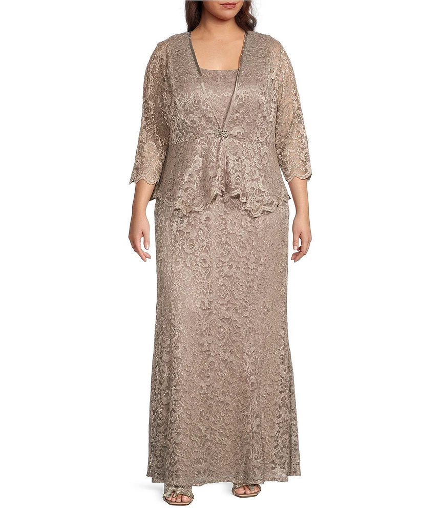 R & M Richards Plus Size Stretch Lace Charmeuse Round Neck 3/4 Sleeves Glitter 2-Piece Jacket Dress