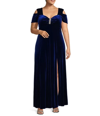 R & M Richards Plus Size Stretch Velvet Sweetheart Neck Cap Sleeve Cold Shoulder A-Line Gown