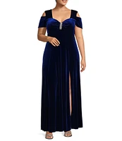 R & M Richards Plus Size Stretch Velvet Sweetheart Neck Cap Sleeve Cold Shoulder A-Line Gown