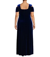 R & M Richards Plus Size Stretch Velvet Sweetheart Neck Cap Sleeve Cold Shoulder A-Line Gown