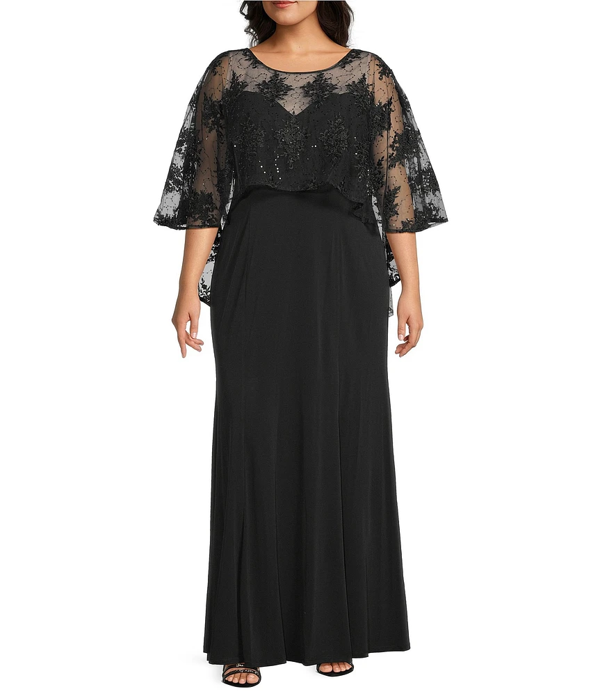 R & M Richards Plus Size Sweetheart Neck Embroidered Sequin Mesh Cape Overlay Dress