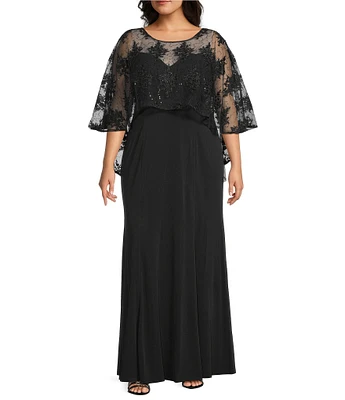 R & M Richards Plus Size Sweetheart Neck Embroidered Sequin Mesh Cape Overlay Dress
