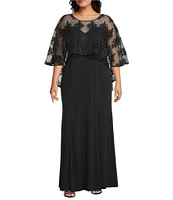R & M Richards Plus Size Sweetheart Neck Embroidered Sequin Mesh Cape Overlay Dress