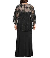 R & M Richards Plus Size Sweetheart Neck Embroidered Sequin Mesh Cape Overlay Dress