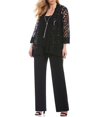 R & M Richards Plus Size Scoop Neck 3/4 Sleeve Swirl Sequin Jacket 2-Piece Pant Set