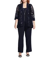 R & M Richards Plus Size Scoop Neck 3/4 Sleeve Swirl Sequin Jacket 2-Piece Pant Set