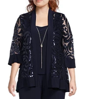R & M Richards Plus Size Scoop Neck 3/4 Sleeve Swirl Sequin Jacket 2-Piece Pant Set