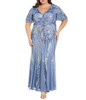 R & M Richards Plus Size V-Neck Embroidered Sequin Power Mesh Gown