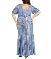 R & M Richards Plus Size V-Neck Embroidered Sequin Power Mesh Gown