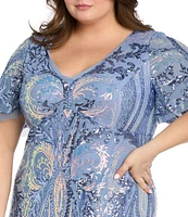 R & M Richards Plus Size V-Neck Embroidered Sequin Power Mesh Gown