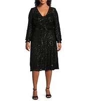 R & M Richards Plus Size V-Neck Long Sleeve Sequin Power Mesh Sheath Dress